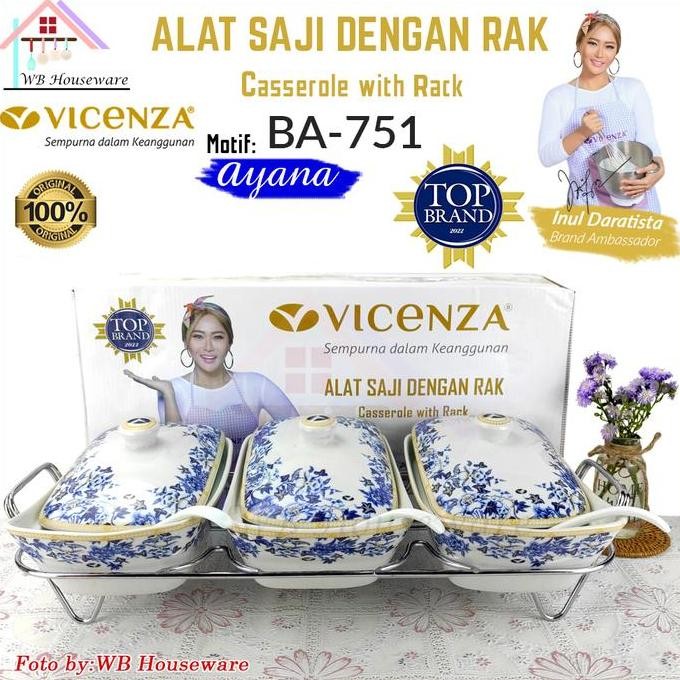 VICENZA wadah saji set isi 3 + rak motif ayana / pemanas makanan / casserole food warmer keramik BA-