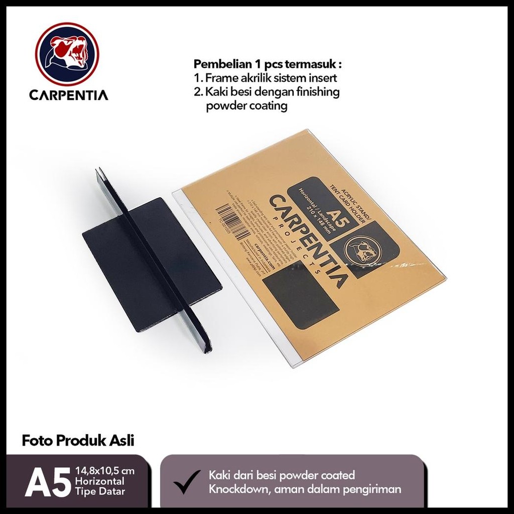 

CARPENTIA COVE - STAND ACRYLIC KAKI BESI / DATAR A5 HORIZONTAL 21X14,8 CM [DISPLAY MENU, BROSUR, TENT CARD HOLDER, NOMOR MEJA DLL]