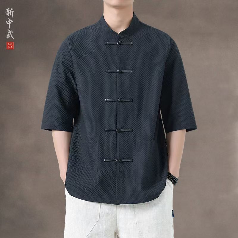 Setelan Tang Gaya Cina Baru Pria/Gaya Tradisional Lengan Pendek/Jaket Gaya Cina Leher Bulat