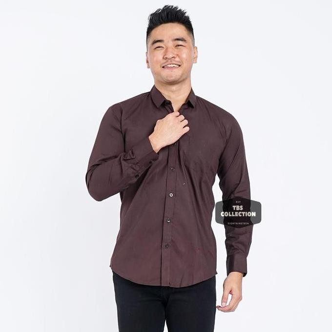 Baju Hem Kemeja Lengan Panjang Pria Coklat Dark Brown Polos Cowok 3242 TM