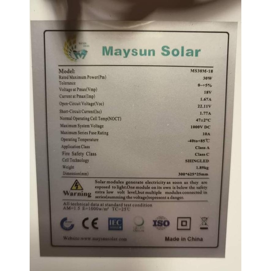 ready Solar Panel 30wp Mono Crystalline Shingled HD Maysun
