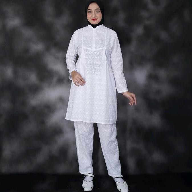 Baju Umroh Wanita Baju Ihram Wanita Setelan Tunik Putih    Atasan Celana Katun Bordir Muslim Panjang