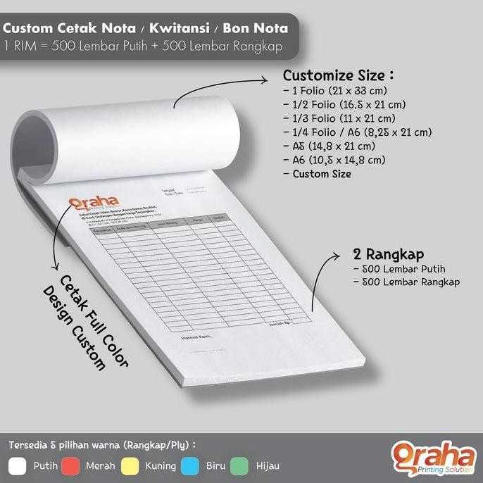 

Cetak Nota Ncr 2 Ply Full Color 1 Rim Pilihan Warna Putih, Merah, Kuning, Hijau, Dan Biru Untuk Memenuhi Kebutuhan Nota/Kwitansi/Bon Dengan Hasil Cetak Tajam