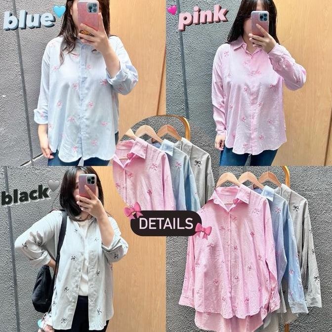 Kemeja Katun Full Bordir Kemeja Wanita Hitam Putih Oversized Tangan Panjang Motif Pita Ribbon Bunga 