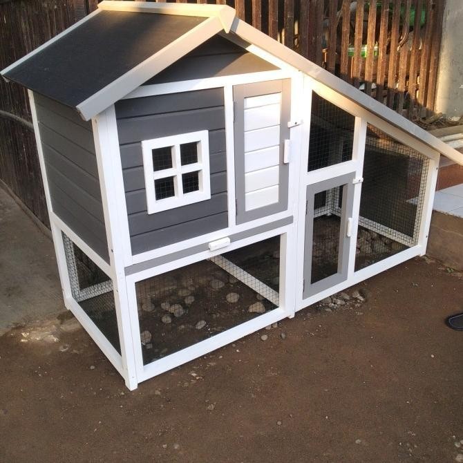 KANDANG KELINCI RUMAH OUTDOOR KAYU 2 SUSUN TANGGA