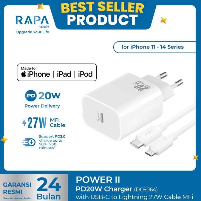 Rapatech Power Ii Charger Iphone 11 12 13 14 15 (Pd 20W) Mfi Kabel C To Lightning Dc6064 Charger Mfi