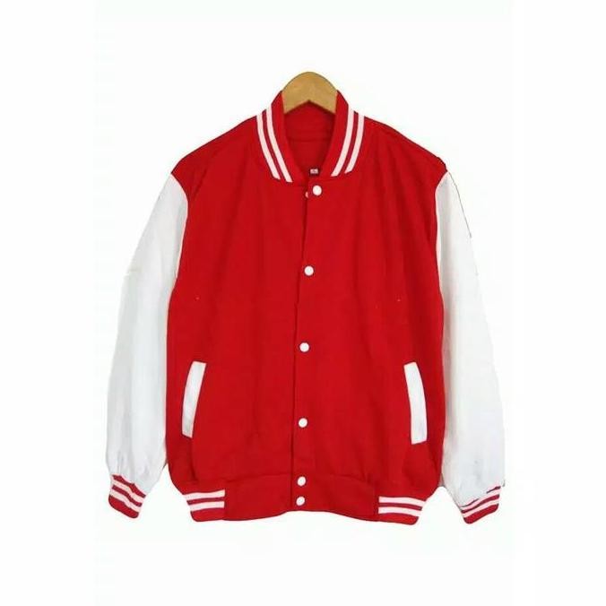 JAKET BASEBALL POLOS MERAH LENGAN PUTIH / JAKET DISTRO VARSITY MURAH HM