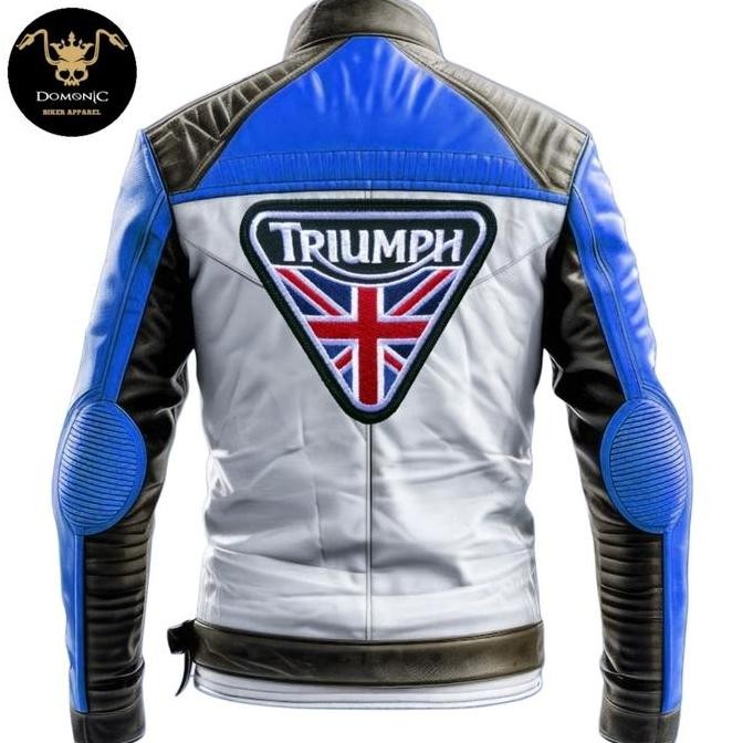 JAKET KULIT SAPI Asli jaket TRIUMPH jaket MOTOR PRIA KUALITAS IMPORT JAKET TOURING MOGE putih BIRU