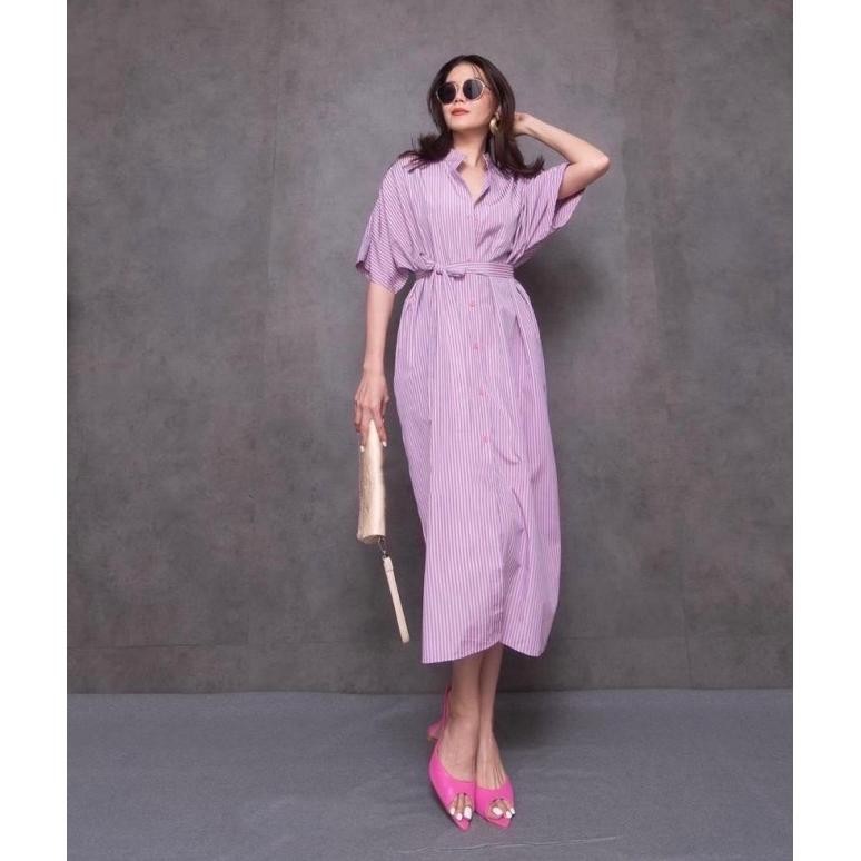 Midi Dress Lengan Pendek / Dress Casual Wanita Lengan Pendek / Stripe Dress Midi