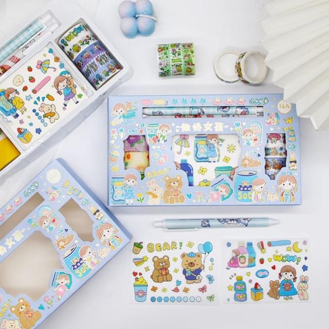 

Stiker 1 Set Box + Cutter Stiker+Pulpen Gel Gliter Washi Bear Princess Stok Terbatas