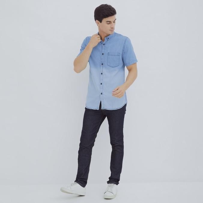 HILLBOSS Kemeja Jeans Lengan Pendek Pria Denim Shirt Two Tone - DS004 Terlaris