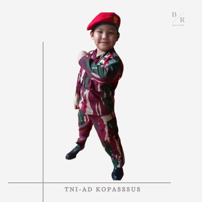 || PROMO KOSTUM ANAK ~`~ TNI-AD Kopassus + Mainan / Baju Loreng Kopassus / Baju Profesi Anak ||~~~