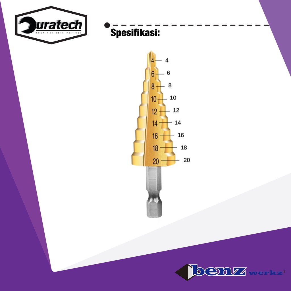 Mata bor besi step drill 4-20mm / Mata bor pagoda titanium coat Benz Werkz BZ-7067 - Mata bor jagung