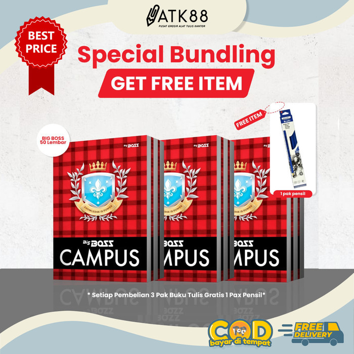 

[BUNDLE HEMAT] PAKET 3 PAK Buku Tulis Big Boss 50 Lembar Pak isi 10 Buku FREE 1 PAK PENSIL