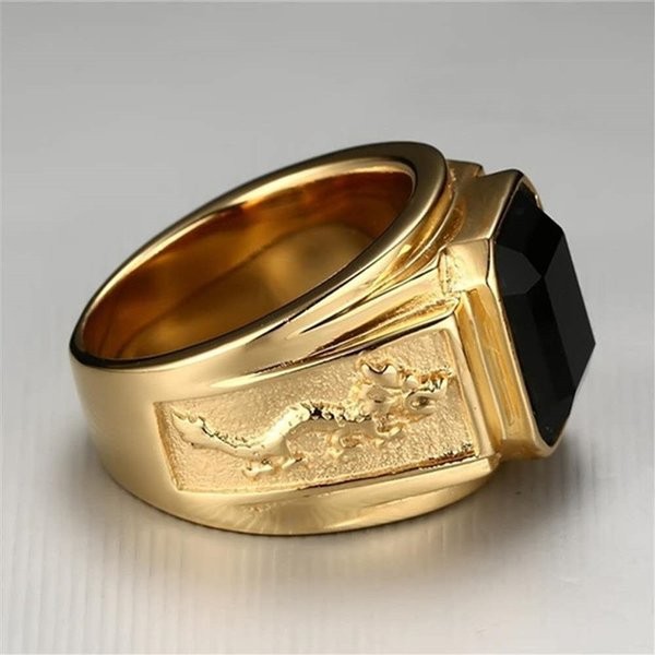 Cincin Batu Zircon Hitam - Black Gold Signet Synthetic Rhinestones Bold Statement Ring / Aksesoris P