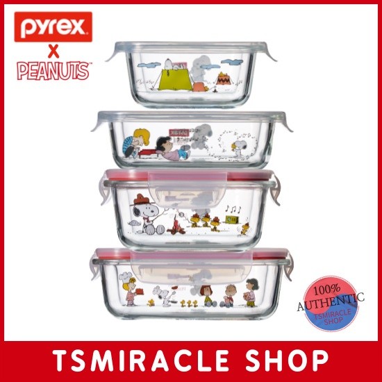 PYREX PEANUTS Snoopy Bulat Persegi Panjang Kotak Kaca Borosilikat dengan Tutup/ wadah kedap udara/ w