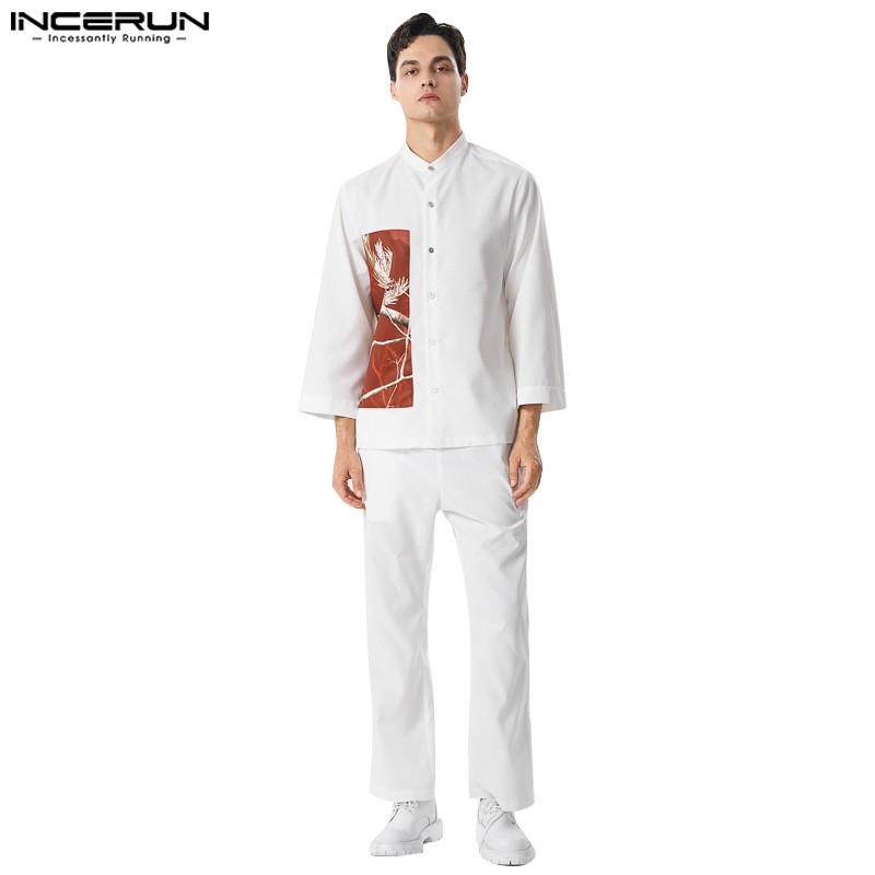 INCERUN Setelan Baju Muslim Pria, Setelan Dua Potong Baju Lengan Panjang + Celana Sambungan |49F4178