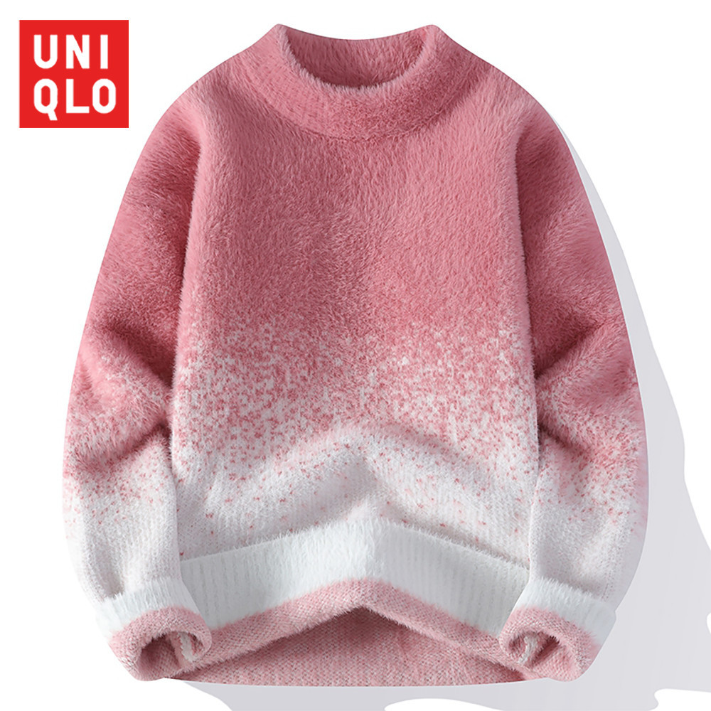 Sweater Wanita Uniqlo Fashion Gradient Color Loose Hipster Teenage Wool Sweater Round Neck Bottoming