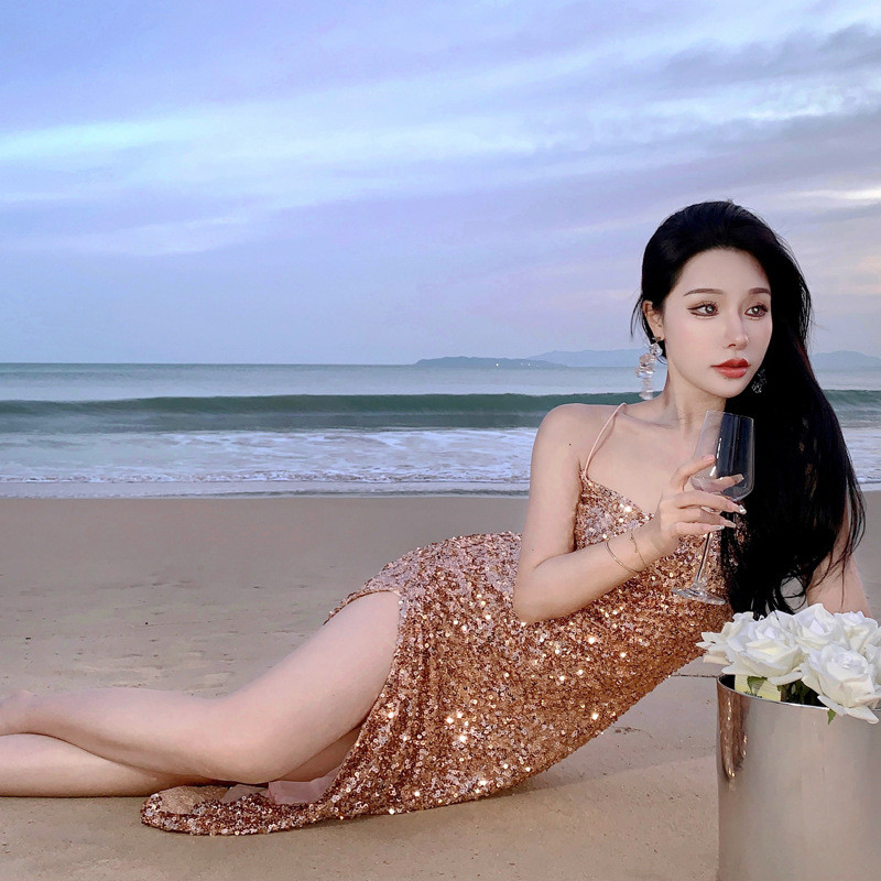 Gold Sexy Sequin Strap Dress Shiny Evening Gown Elegant Niche Birthday Dress party Banquet