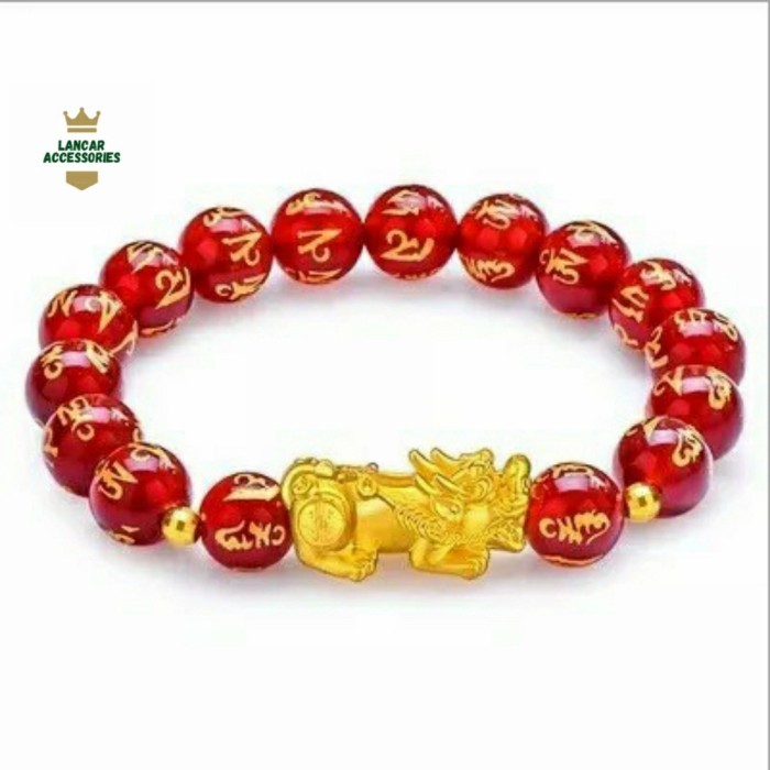 Gelang Batu Alam Giok Merah Mantra Budha Kombinasi Pixiu