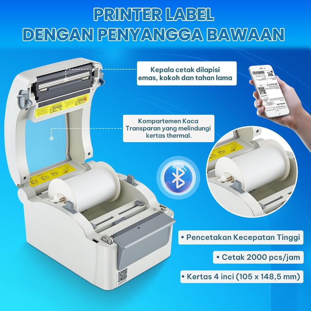 Barcode Printer Thermal Waybill Printer USB+Bluetooth Mesin Cetak Label Stiker Resi 4 & 3 In