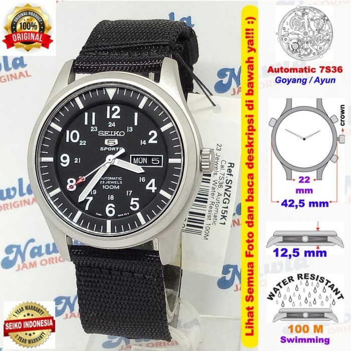 Seiko 5 Sports Snzg15K1 Automatic Black Nylon - Jam Tangan Pria Snzg15