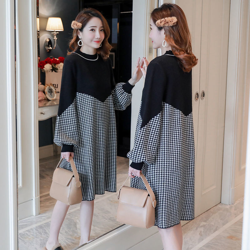 Gaun Slimming Longgar Kotak-kotak Baru untuk Wanita/Lengan Panjang/Dres