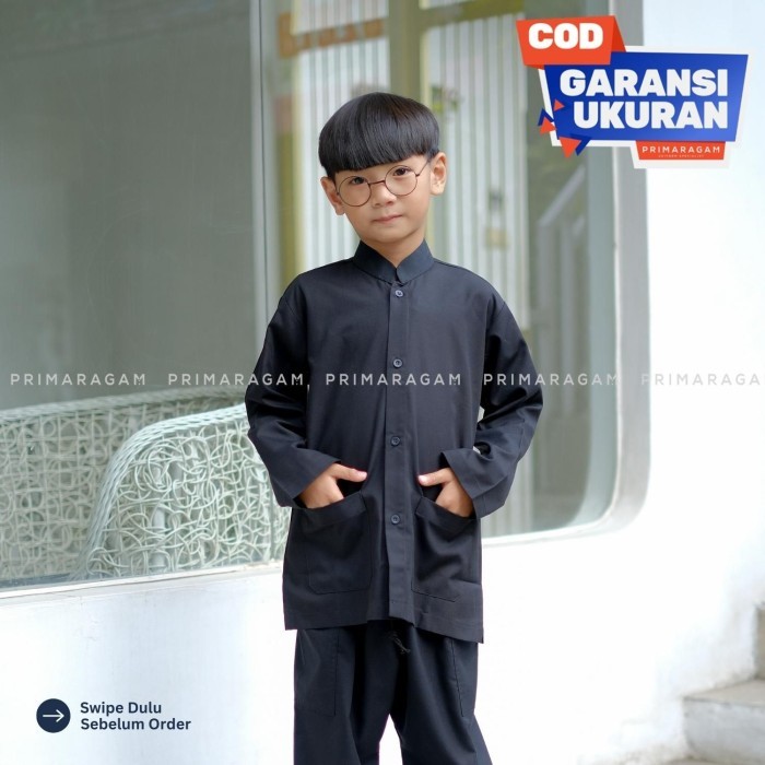 BAJU KEMEJA PANGSI ANAK TK SD ADAT SUNDA KOKO HITAM POLOS PANJANG