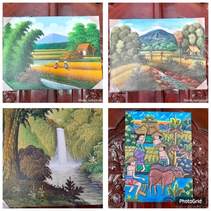 ^%^%^%^%] Lukisan Kanvas pemandangan alam sawah gunung sungai tradisional bali 40cm x 30cm