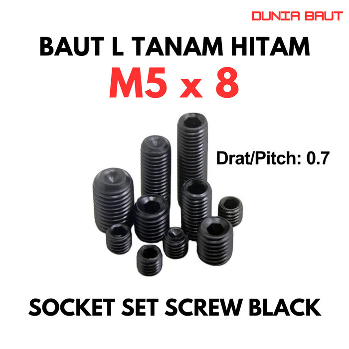 Baut L Tanam M5X8 / L Set 5X8 / Baut Tanam L M5 X 8 / L Set Hitam 5 X 8  - Socket Set Screw Black