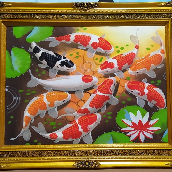 Lukisan Dinding Kanvas Besar Ikan Koi Asli Tangan