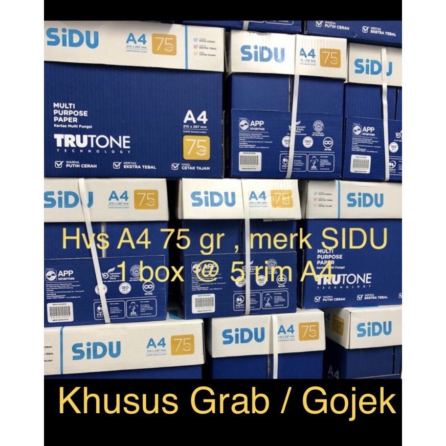 

TERLARIS! Hvs A4 75 gr merk SIDU "SINAR DUNIA" ( box ) KHUSUS GRAB / GOJEK