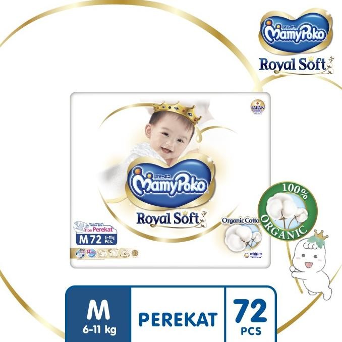|| PROMO POPOK BAYI / PAMPERS ~`~ MamyPoko Royal Soft Organic Cotton - M 72 - Popok Tape ||~~~