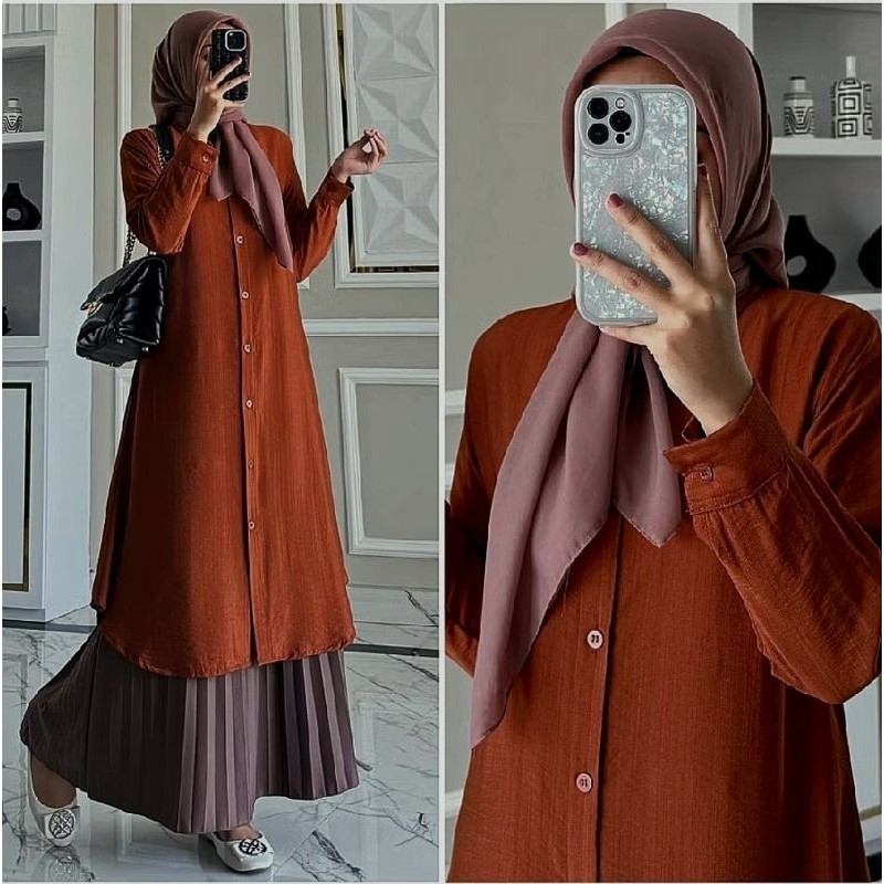 Promo  Atasan Tunik Polos Wanita Full Kancing Depan Semi Gamis Wanita Tunik Suxexo Terbaru