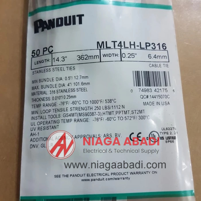 

HOT SALE! Panduit Stainless Steel Cable Ties L: 14.3 W: 0.25 MLT4LH-LP316 1 Pack