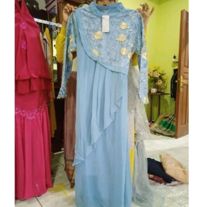 Gamis Muslim Wanita Pesta Mewah Bordir Ceruti Biru Langit Calliasaleilani