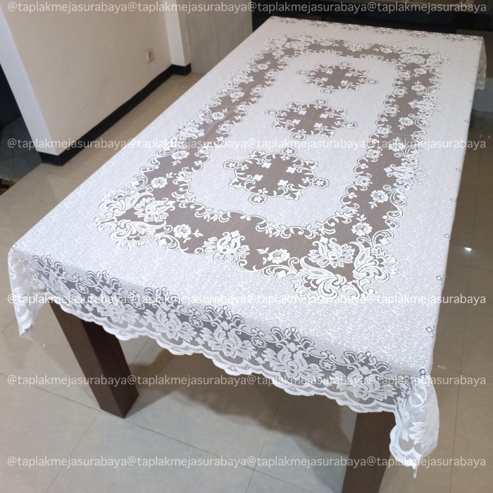 Taplak Meja Makan Warna Putih Klasik Kain Brokat Vintage 4 - 6 Kursi