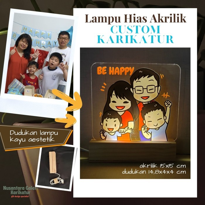 Karikatur Custom Lampu Akrilik + dudukan kayu + sticker WA