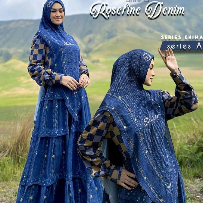 Gamis Roseline Denim Sarkis Full Ceruty Digital Printing Muslim Wanita Original