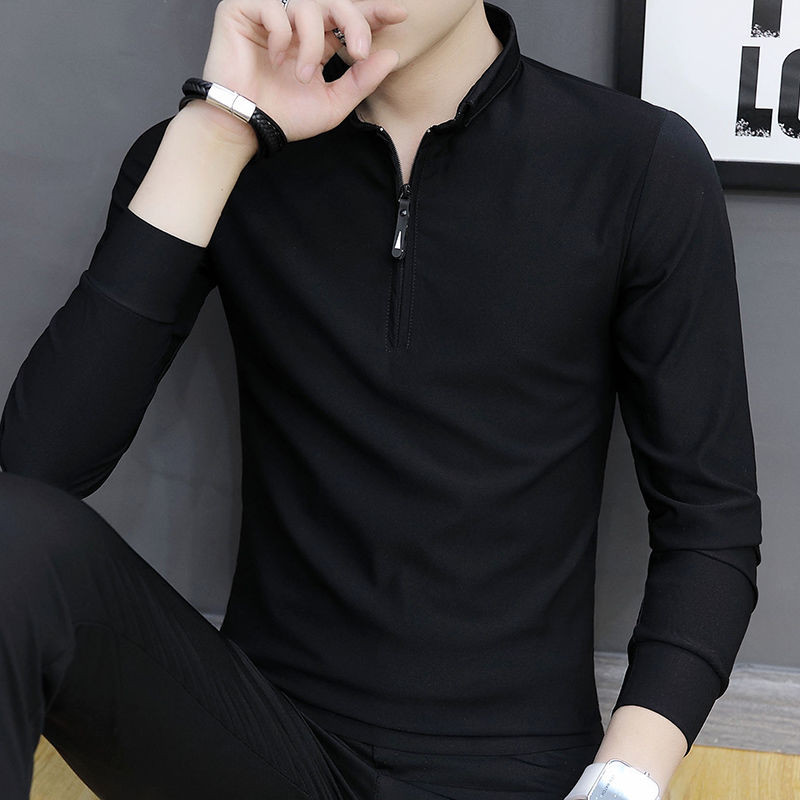 Shuai Pu Gaya Korea POLO Baju Pria Keren Kerah Blus Ritsleting T Kaus Lengan Panjang untuk Pria, Kao