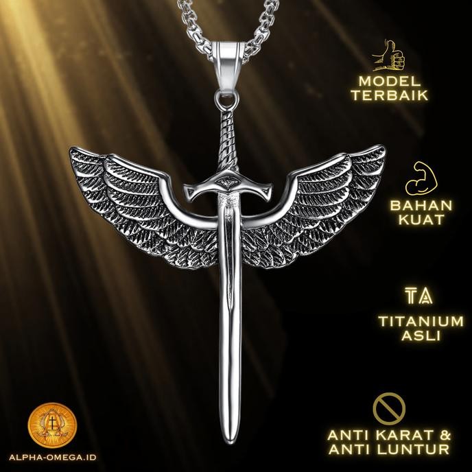 Kalung Salib Pria Keren Titanium Liontin Sayap dan Pedang Anti Karat