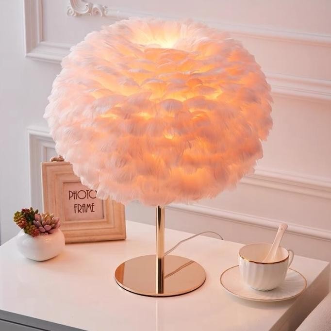 LAMPU MEJA HIAS RUANG TAMU BULU ANGSA PINK SIDE LAMP KAMAR TIDUR