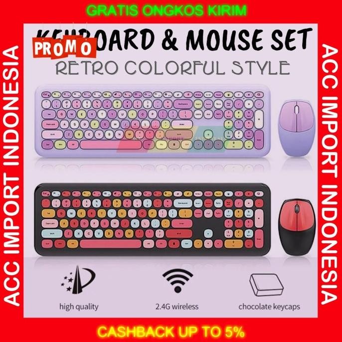 BARU KEYBOARD MOUSE WIRELESS RETRO TOMBOL BULAT TUTS CUTE PINK PC LAPTOP HP