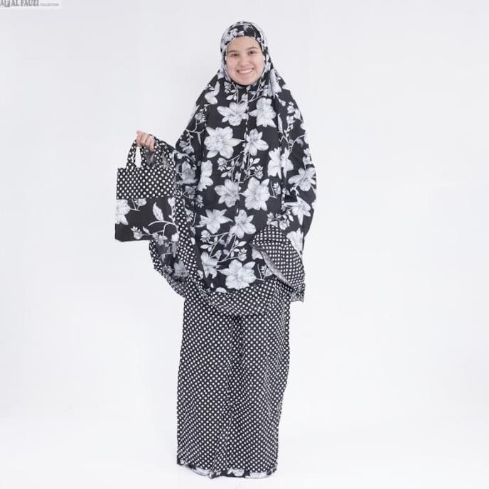 MUKENA KATUN JEPANG REMPEL TERBARU BUNGA PUTIH POLKADOT HITAM TERLARIS Terlaris