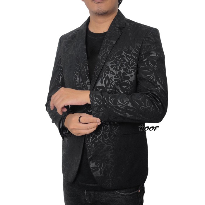 jas pria blazer slimfit casual formal black embos motif bunga