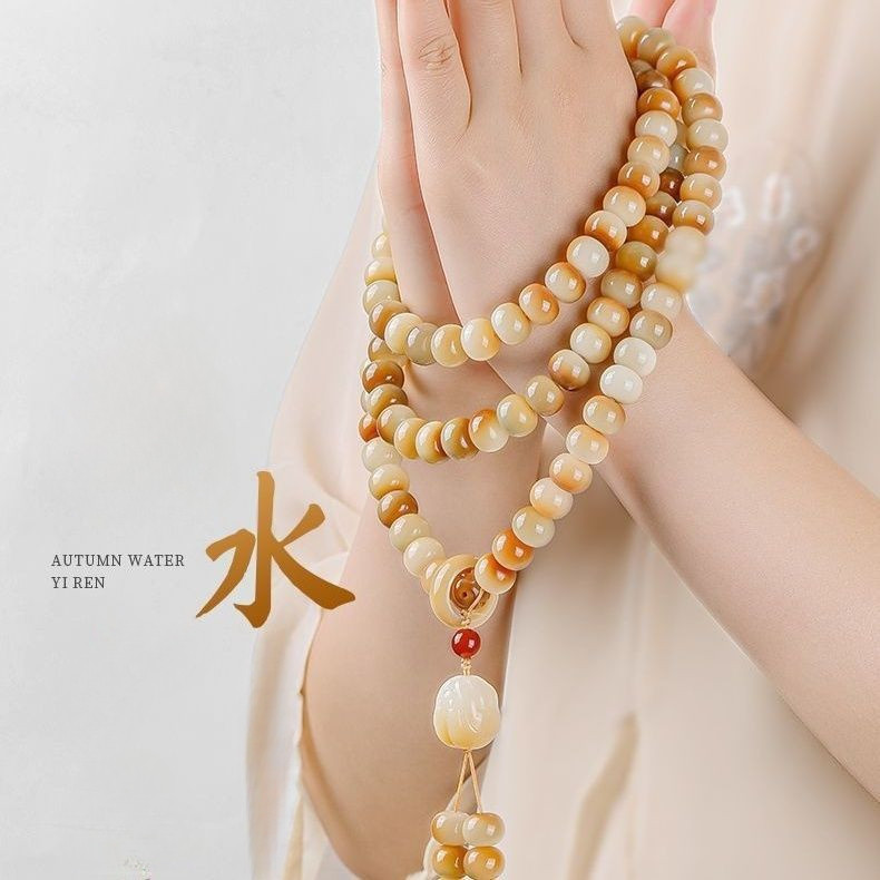 Gelang Bodhi Giok Putih108Kalung Bodhi Manik-manik Alami