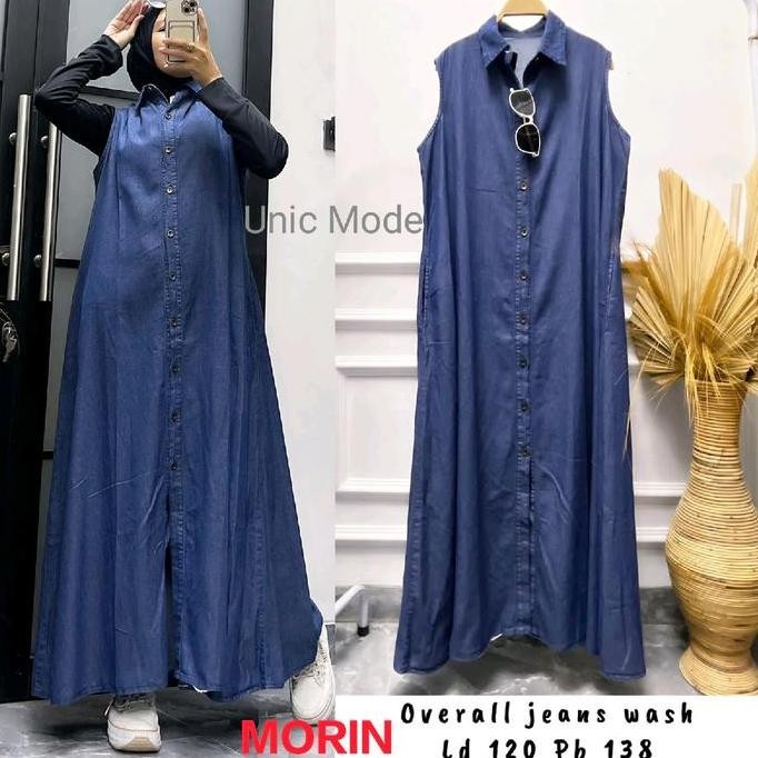 Overall Morin Soft Wash Jeans Polos Denim Gamis Dress Muslim Wanita Dewasa Hitam Navy Kancing Panjan