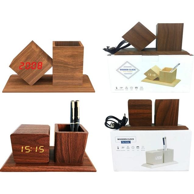 

Jam Weker Alarm LED Digital Wood Watch Meja Motif Kayu Tempat Pensil TF