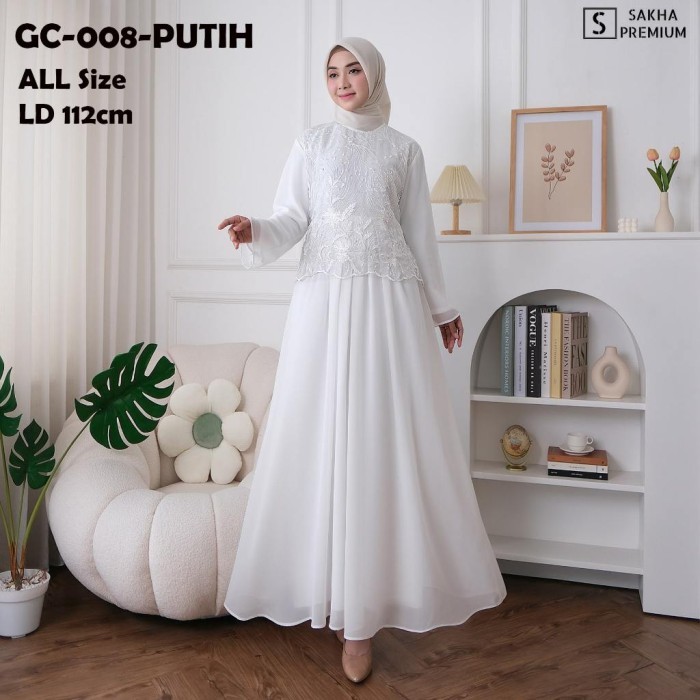 Gamis wanita Roomline Shop - GC 008 BAJU GAMIS PUTIH WANITA BRUKAT GAMIS HITAM CE - Putih, ALL SIZE 