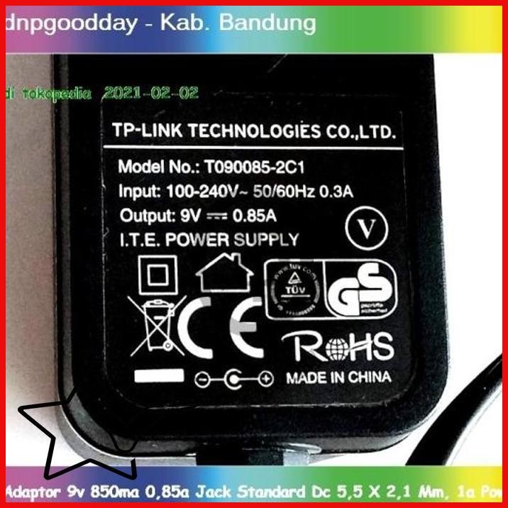 [DNP] ADAPTOR 9V 850MA 0,85A JACK STANDARD DC 5,5 X 2,1 MM, 1A POWER ARDUINO